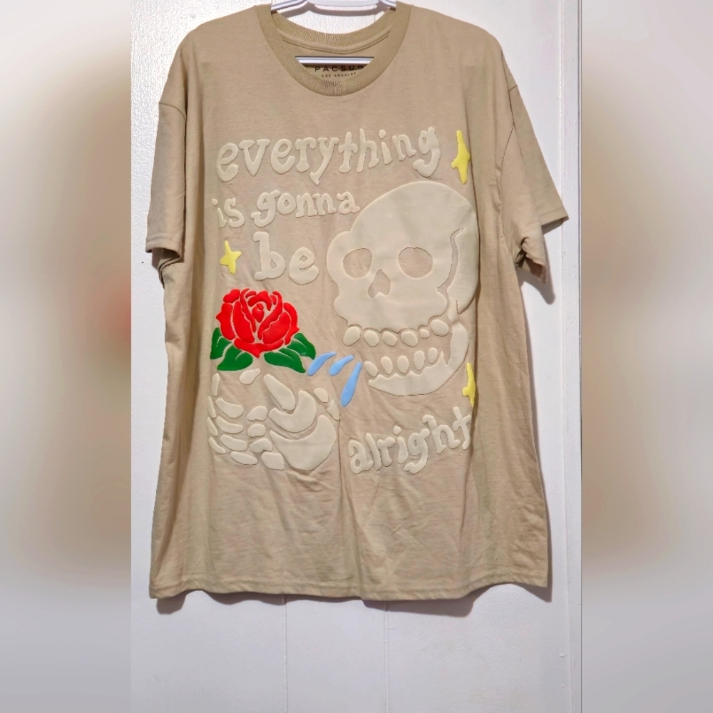 Tan Graphic Tee with Skull and Rose Design